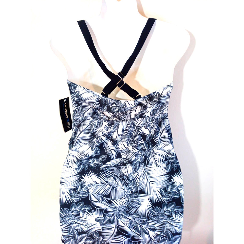 NWT Ocean Lily Women Size S Black White Tropical Cross Strap Long Tankini Padded - Picture 4 of 5